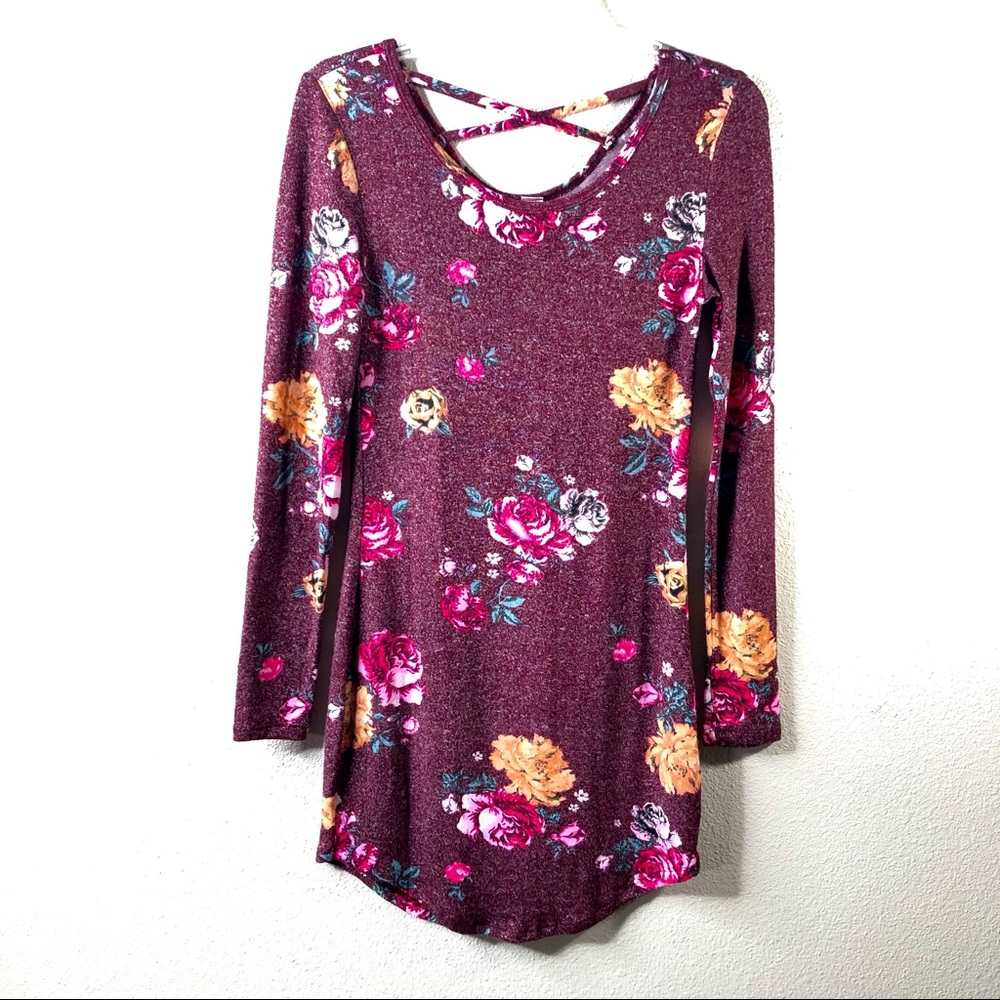 Burgundy floral print thermal material long top- S